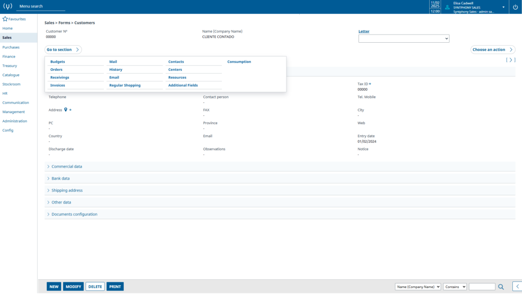 Syntphony Sales - ERP - Customers - Sections